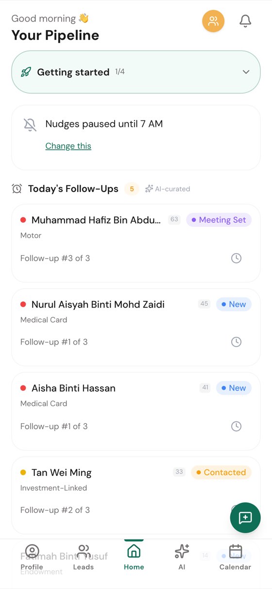 Pryonex App home screen listing today's follow-ups with each lead's stage and next action