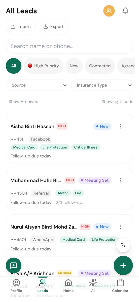Pryonex App leads list showing every lead grouped by pipeline stage