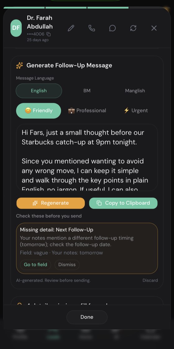 Pryonex App drafting a follow-up message, with controls for message language and tone, and a notice that the text is AI-generated and should be reviewed